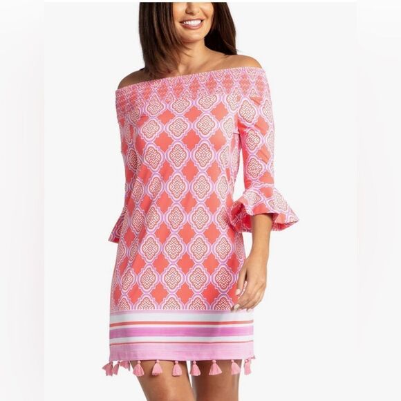 Cabana Life Coral Geo Off Shoulder SPF Dress XS - Picture 1 of 11